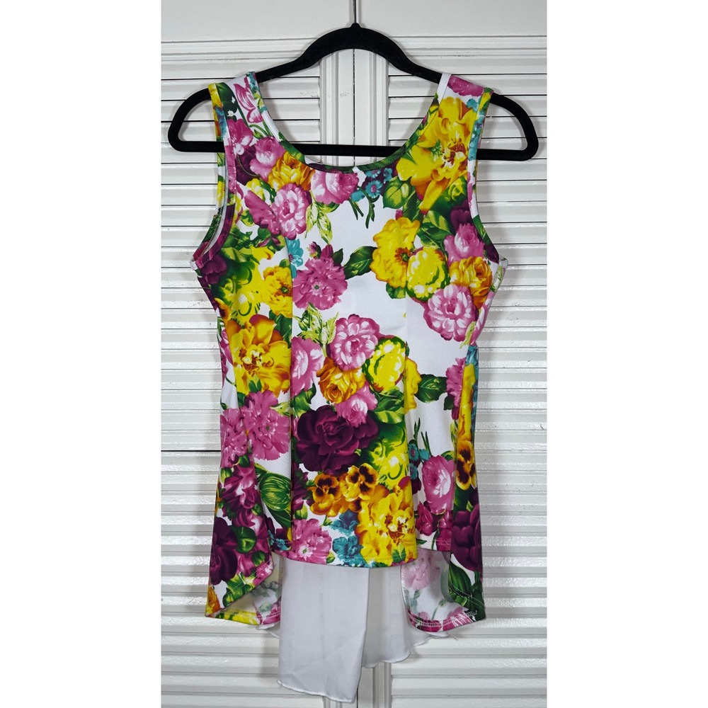 Blush Vibrant Floral Sheer Bow Back Whimsical‎ Coquette Sleeveless Top Size M